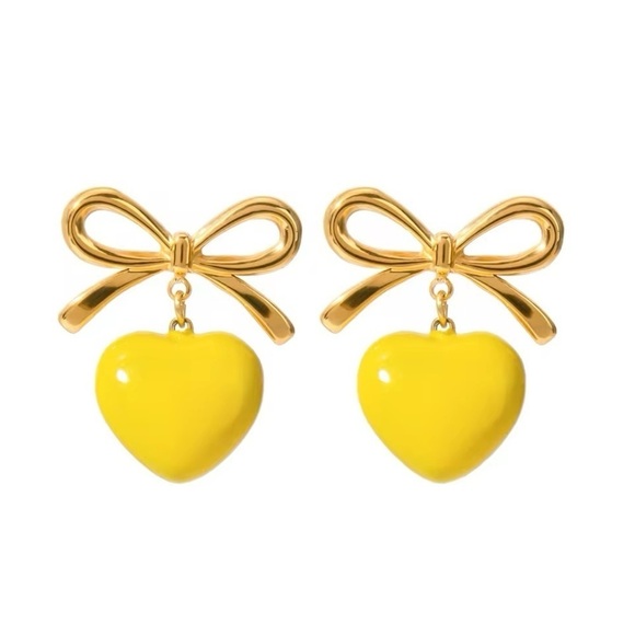Jewelry - 18k Gold Plated Bowknot Yellow Heart Drip Oil Earrings